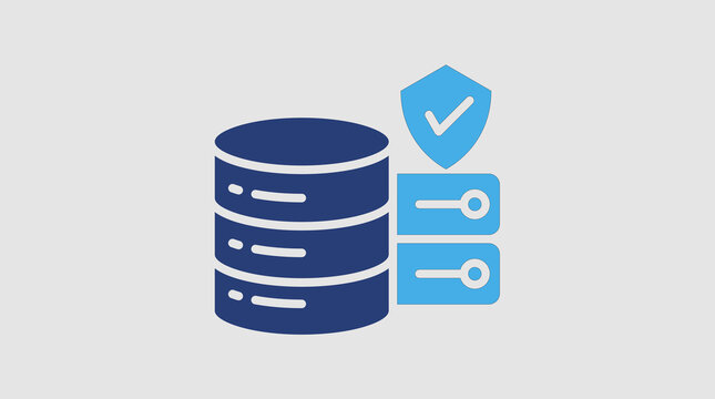 Database server icon with a protective shield and checkmark symbol representing secure cloud storage and data protection.