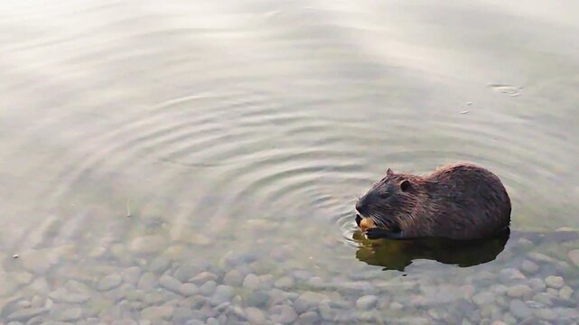 Nutria sits in shallow water and eats an apple, creating ripples around. for wildlife documentaries, educational videos, animal behavior research, eco-campaigns, presentations, tourism promos