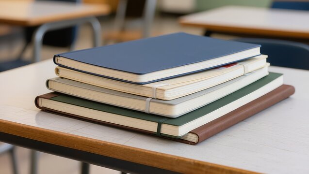Close-up of a neat stack of colorful notebooks and planners on a classroom desk, highlighting education, school supplies, studying, and learning