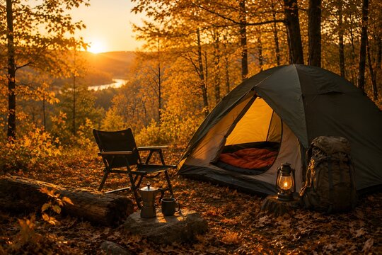 A cozy autumn campsite nestled in a golden forest at sunset, featuring a compact olive-green tent, hiking backpack, folding camping chair, warm lantern, and simple coffee setup on a natural wooden sur