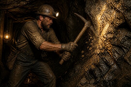 Miner striking rock with pickaxe inside dark underground tunnel