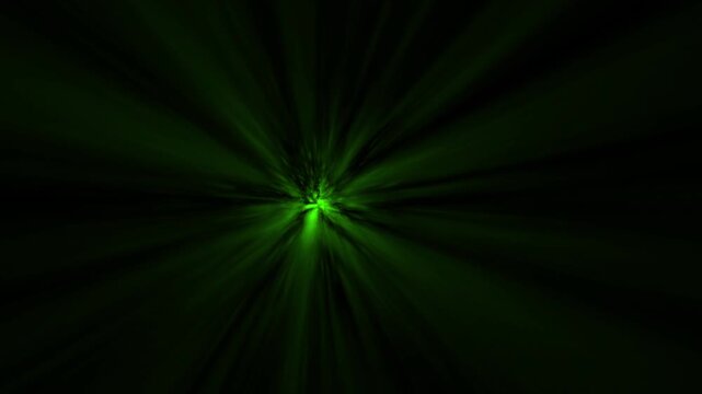 Green hyperspace tunnel with fast-moving light rays. Concept of lightspeed travel, sci-fi wormhole, and futuristic technology.