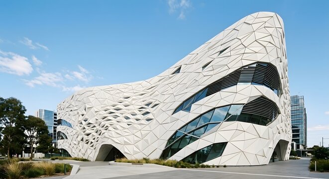 Curved triangulated white facade wrapping a futuristic corner building