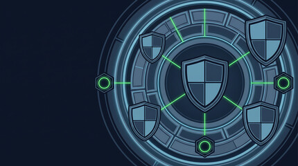 Naklejka premium Cybersecurity shield icons on digital HUD interface, network security data protection concept, futuristic blue tech background
