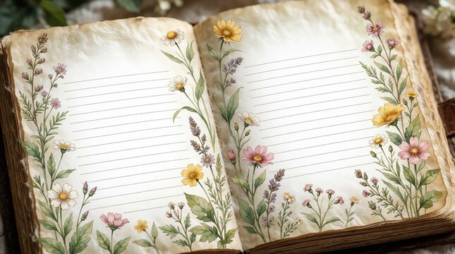 Open vintage book with lined pages adorned by hand painted wildflowers. Aged paper texture creates rustic charm. Ideal for journaling scrapbooking or creative writing.