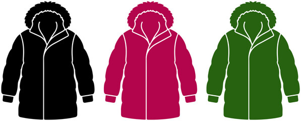 Parka coats with fur hoods in three solid colors on a white background vector illustration © Sharmin