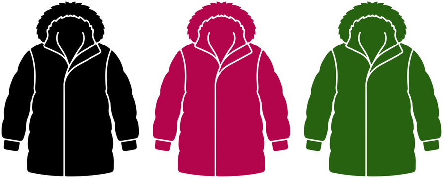 Parka coats with fur hoods in three solid colors on a white background vector illustration