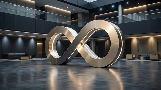 Brushed metal infinity symbol in a contemporary office lobby