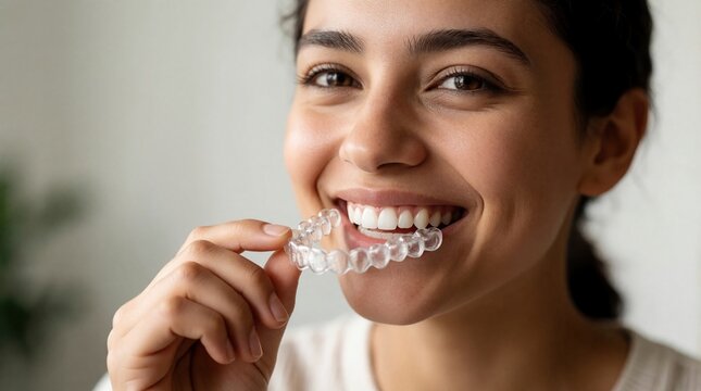Young woman smiles holding clear dental aligner. She prepares for teeth straightening treatment using invisible braces for perfect smile and oral hygiene.