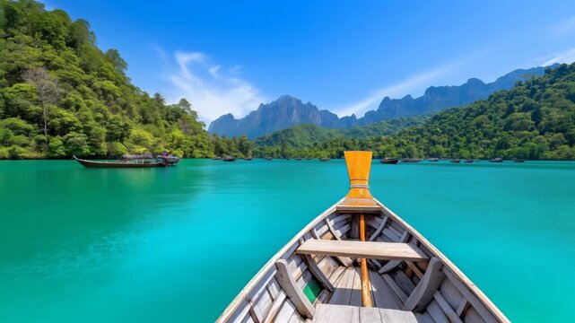 Boat bow gliding across turquoise tropical lake toward forested mountains