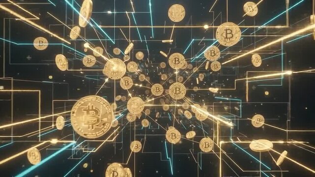 Golden Digital Coins Floating Through a Blockchain Network