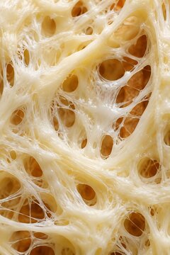 Mouthwatering macro texture of hot gooey melted cheese strings