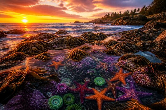 Starfish and sea anemones resting in rocky tide pool at sunset