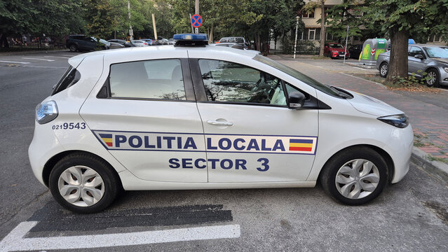 A white Sector 3 local police car parked on a city street. Picture taken on August 11, 2026 in Bucharest, Romania.