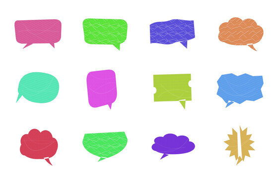 Set of colorful hand drawn speech bubbles and thought balloons in various shapes and vibrant colors for chat messaging and communication design elements