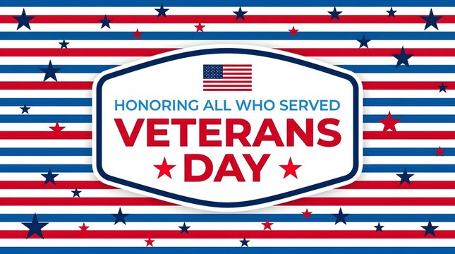 Blue, white, and red ribbon banner with "honoring all who served" text for veterans day