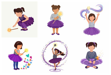 Set of cute little girls in purple fairy costumes with magic wands and sparkles, flat vector illustration isolated on white background