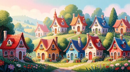 Fototapeta premium Pastel fairytale village with colorful houses nestled on grassy hills. Whimsical architecture with bright rooftops, blooming gardens under soft pastel sky. Peaceful rural landscape with vibrant flora.