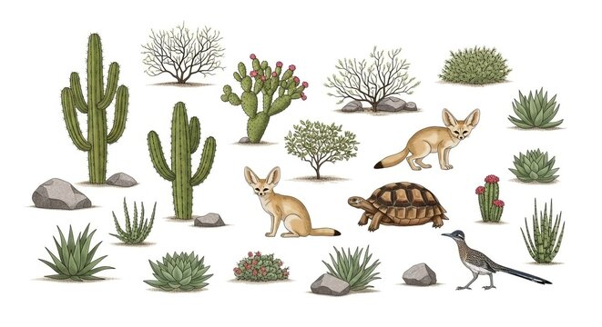 Desert Wildlife and Flora Illustration: Cactus, Fennec Fox, Tortoise, Roadrunner, and Succulents