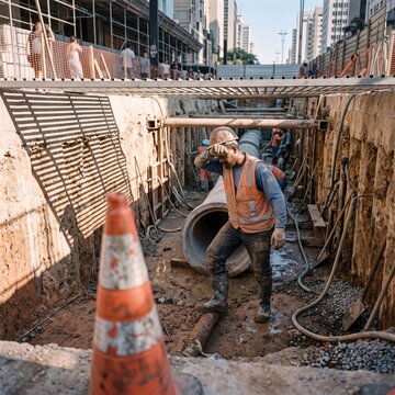 Tired construction worker wiping sweat from his forehead inside a deep urban trench with concrete pipes