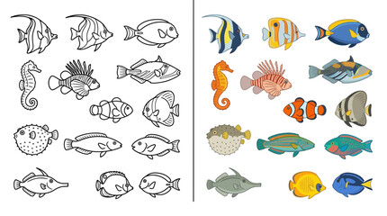 Obraz premium Various tropical sea fish species icons set.