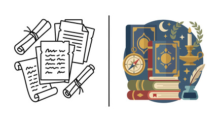 Vintage library books with magic candle and old scrolls.
