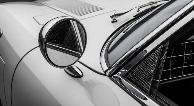Vintage Car Side Mirror and Windshield Closeup.