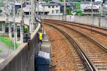 コンクリート壁沿いに続くバラスト軌道の線路とコンクリート枕木 © taka
