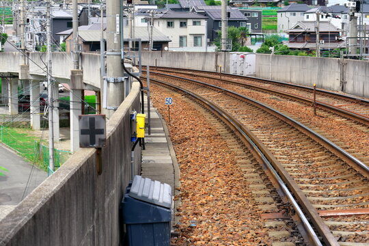 コンクリート壁沿いに続くバラスト軌道の線路とコンクリート枕木