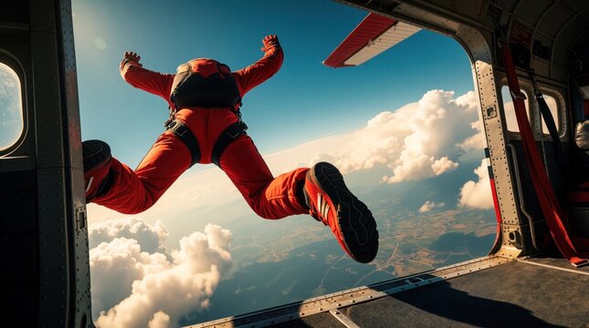 Skydiver in red suit leaps from plane doorway high above clouds. Adrenaline-fueled free fall offers vast landscape view. Extreme sport thrill, jump, courage, and adventure.
