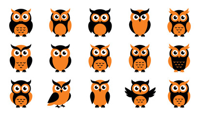 Fototapeta premium A collection of cute cartoon owls in orange and black colors isolated on a white background for various halloween themed design projects