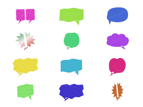 Set of colorful speech bubbles and thought clouds in various shapes and styles for chat messages and communication design elements