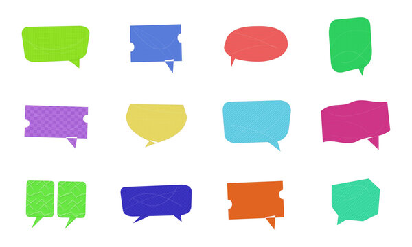 Set of colorful speech bubbles and chat boxes with different shapes for communication and social media design elements