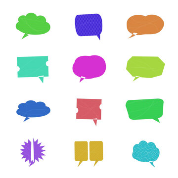 Set of twelve colorful hand drawn speech bubbles and thought clouds in different shapes for chat and communication design elements