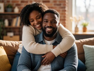 Obraz premium African American couple embrace warmly on couch. Woman hugs man from behind, both smile happily. Cozy home interior offers comfort and love. Relationship intimacy.
