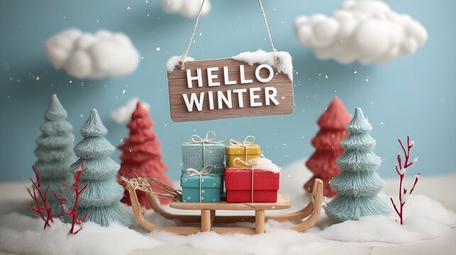 Wooden 'HELLO WINTER' sign hanging above sled with gifts in snowy scene