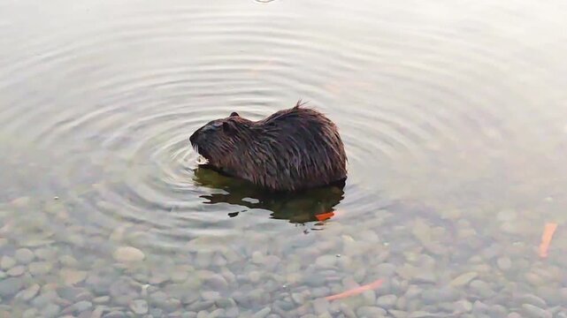 Nutria eats a carrot in shallow water, making ripples on the surface. for wildlife documentaries, educational videos, animal behavior studies, eco-campaigns, biology presentations, and travel promos