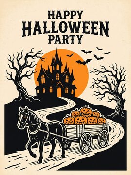 Halloween party poster with a horse pulling a cart of carved pumpkins to a haunted house