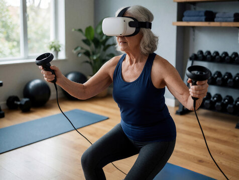 Elderly woman exercises using VR headset and controllers in home gym. Active senior woman plays virtual reality game for fitness and wellness training, staying fit.