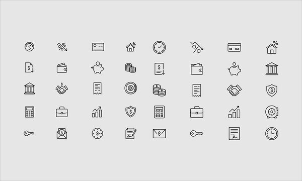 Money loan line icon set. Credit score, low interest, discount card, mortgage percent, tax minimal vector illustration.