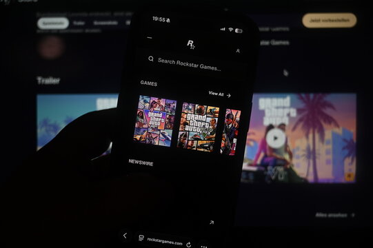 Germany - August 11,2026: Rockstar and GTA 6 website on the phone screen