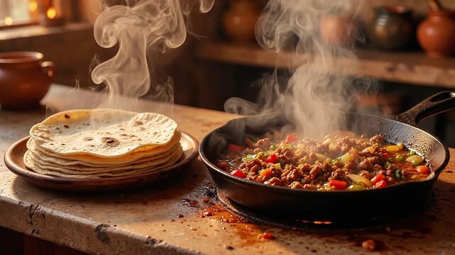 Fresh tortillas served beside cast iron skillet of sizzling meat tortilla steam hot cooking dinner