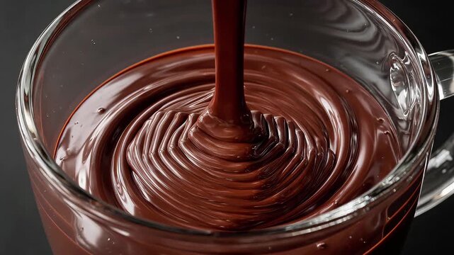 Rich melted chocolate pouring into a clear glass mug creating smooth swirls liquid swirl sweet dessert cocoa