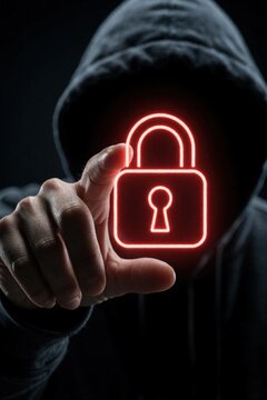 Hooded person touches glowing red padlock icon. Digital security breach, cyber attack concept. Hacker threatens data safety and privacy online. Anonymous threat to information.