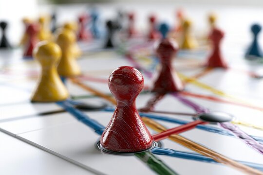 Red game piece on a colorful connected board symbolizing teamwork, networking, and strategic collaboration in a dynamic environment