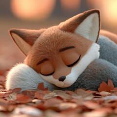 Naklejka premium A cute fox character is curled up in colorful leaves during autumn. The warm colors create a cozy setting for the foxs nap.