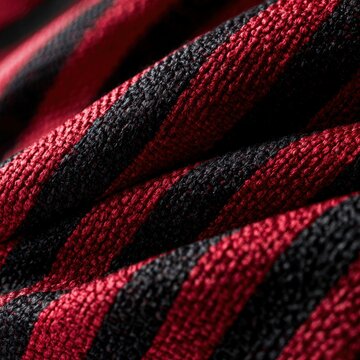 Detailed view of soft fabric textured with alternating red and black stripes showing fine knit pattern and folds in natural light