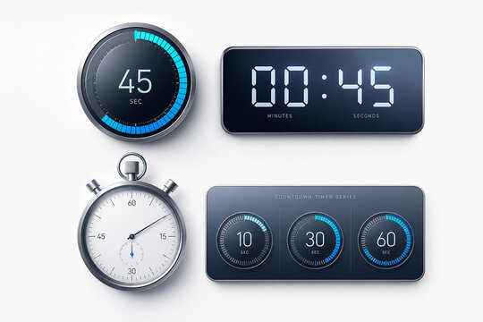 Set of digital and classic stopwatch timers, futuristic countdown clock UI display elements isolated on clean white background for design projects.
