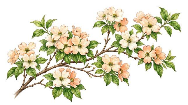 Watercolor illustration of a dogwood tree branch with blooming pale pink flowers and green leaves