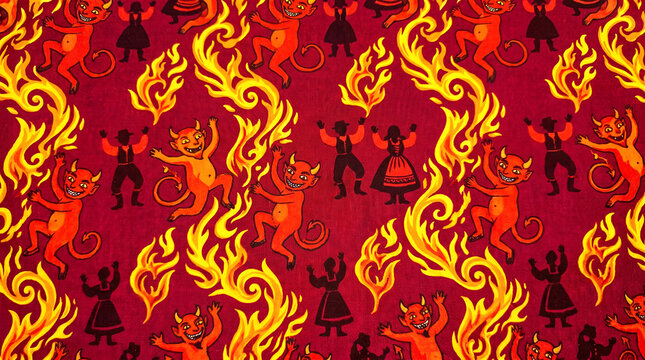 continuous repeating design of happy dancing demons and bright fiery flames placed onto a solid dark crimson canvas sharing playful underworld energy with happy festive celebrants